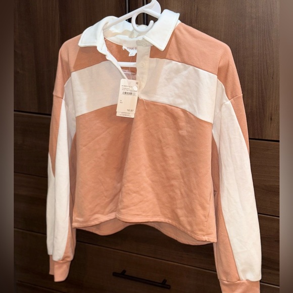 NWT Pink Rose Peach and White Cropped Dugby Shirt - Picture 1 of 6